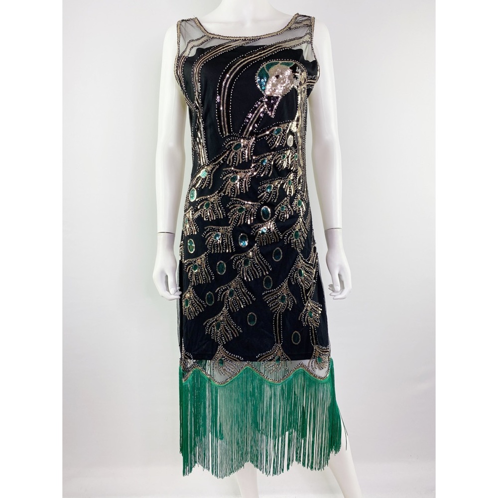 Babeyond Size L Black Sleeveless Sequin Peacock Fringe Flapper Midi Dress